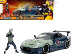 1993 Mazda RX 7 Dark Blue with Green Hood and Kakashi Hatake Diecast Figure Naruto Shippuden 2009 2017 TV Series Anime Hollywood Rides Series 1/24 Diecast Model Car Jada 34370