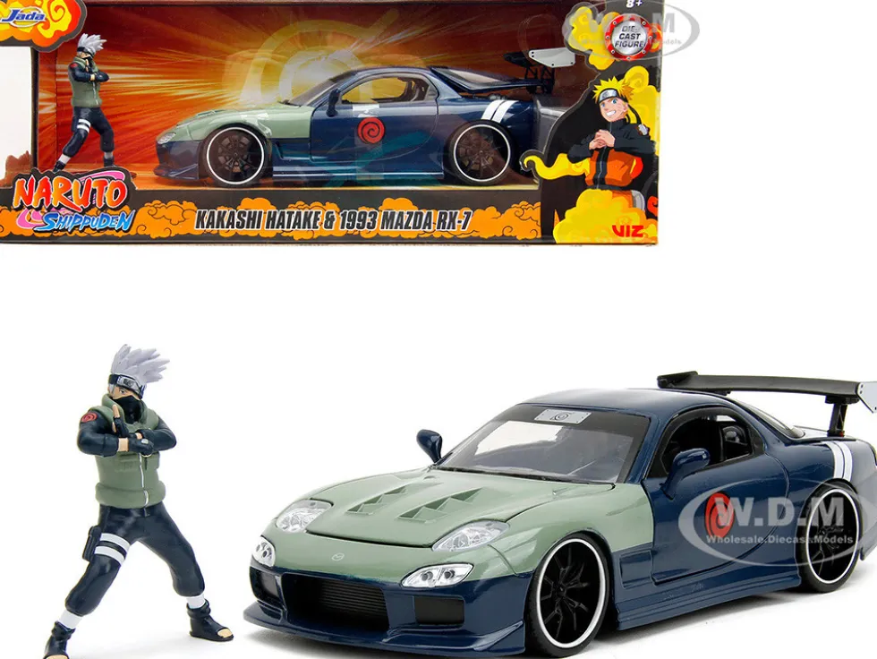 1993 Mazda RX 7 Dark Blue with Green Hood and Kakashi Hatake Diecast Figure Naruto Shippuden 2009 2017 TV Series Anime Hollywood Rides Series 1/24 Diecast Model Car Jada 34370