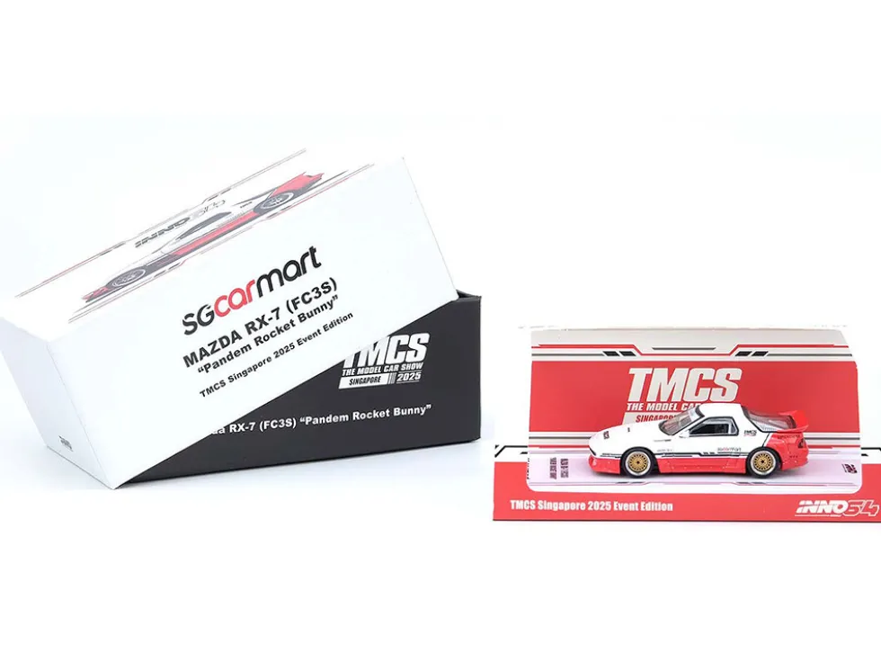 Mazda RX-7 (FC3S) "Pandem Rocket Bunny" White and Red with Black Stripes "The Model Car Show Singapore 2025 Event Edition" 1/64 Diecast Model Car by Inno Models
