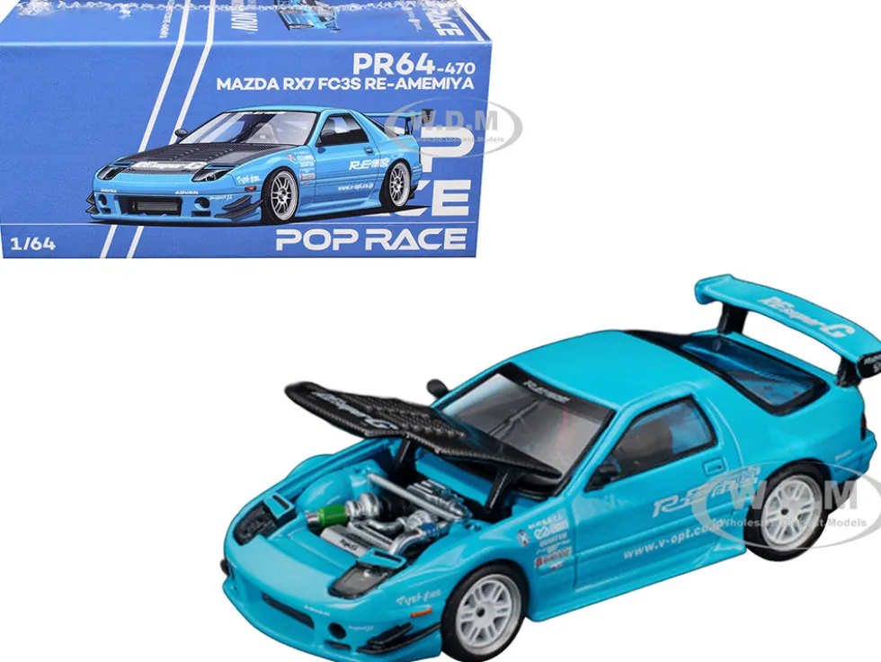 Mazda RX7 (FC3S) RE Amemiya RHD (Right Hand Drive) Light Blue with Carbon Hood "Tokyo Auto Salon 2026" 1/64 Diecast Model Car by Pop Race