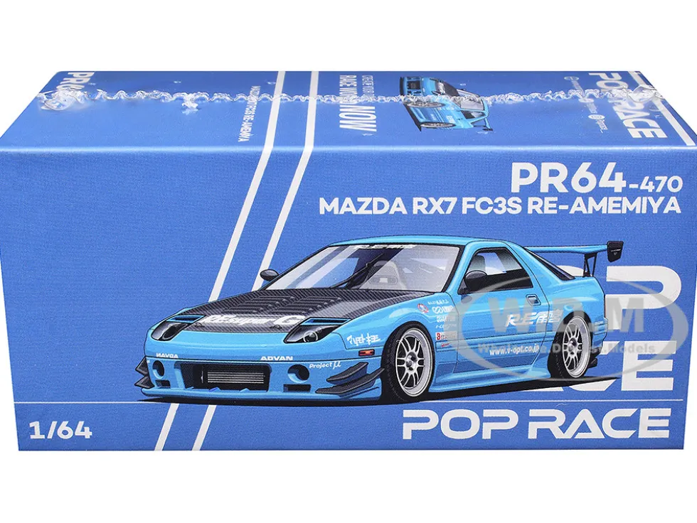Mazda RX7 (FC3S) RE Amemiya RHD (Right Hand Drive) Light Blue with Carbon Hood "Tokyo Auto Salon 2026" 1/64 Diecast Model Car by Pop Race