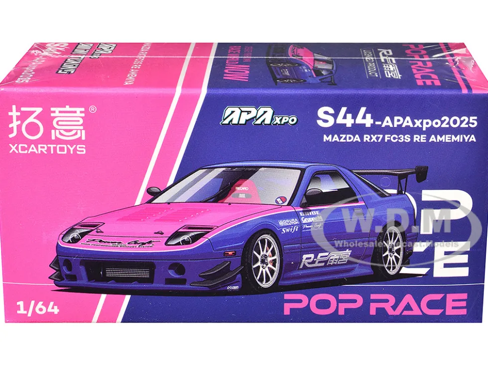 Mazda RX7 (FC3S) RE Amemiya RHD (Right Hand Drive) Blue Metallic with Pink Hood "APA XPO 2025 Exclusive" 1/64 Diecast Model Car by Pop Race