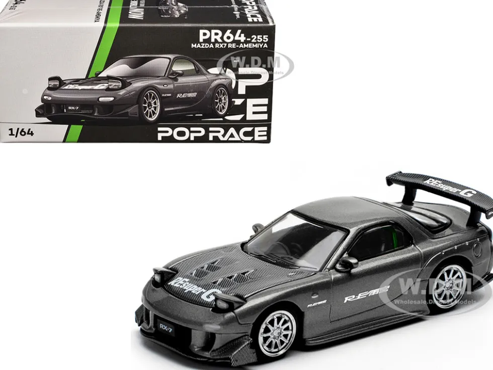 Mazda RX7 (FD) "RE Amemiya" Widebody RHD (Right Hand Drive) Gunmetal Gray Metallic with Carbon Hood 1/64 Diecast Model Car by Pop Race