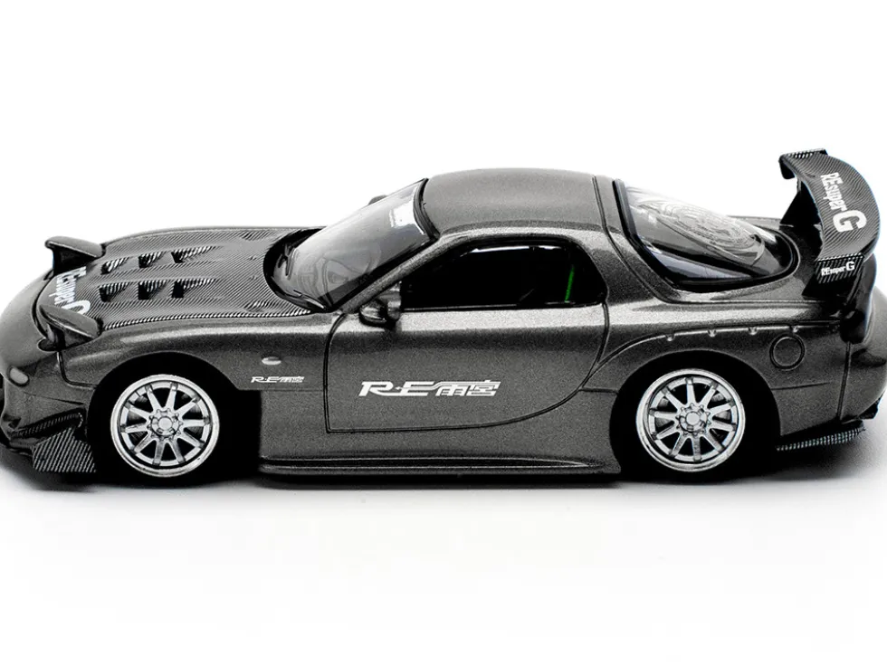 Mazda RX7 (FD) "RE Amemiya" Widebody RHD (Right Hand Drive) Gunmetal Gray Metallic with Carbon Hood 1/64 Diecast Model Car by Pop Race