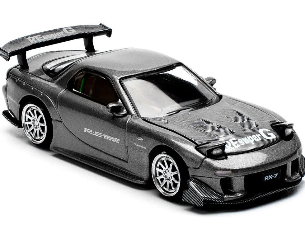Mazda RX7 (FD) "RE Amemiya" Widebody RHD (Right Hand Drive) Gunmetal Gray Metallic with Carbon Hood 1/64 Diecast Model Car by Pop Race