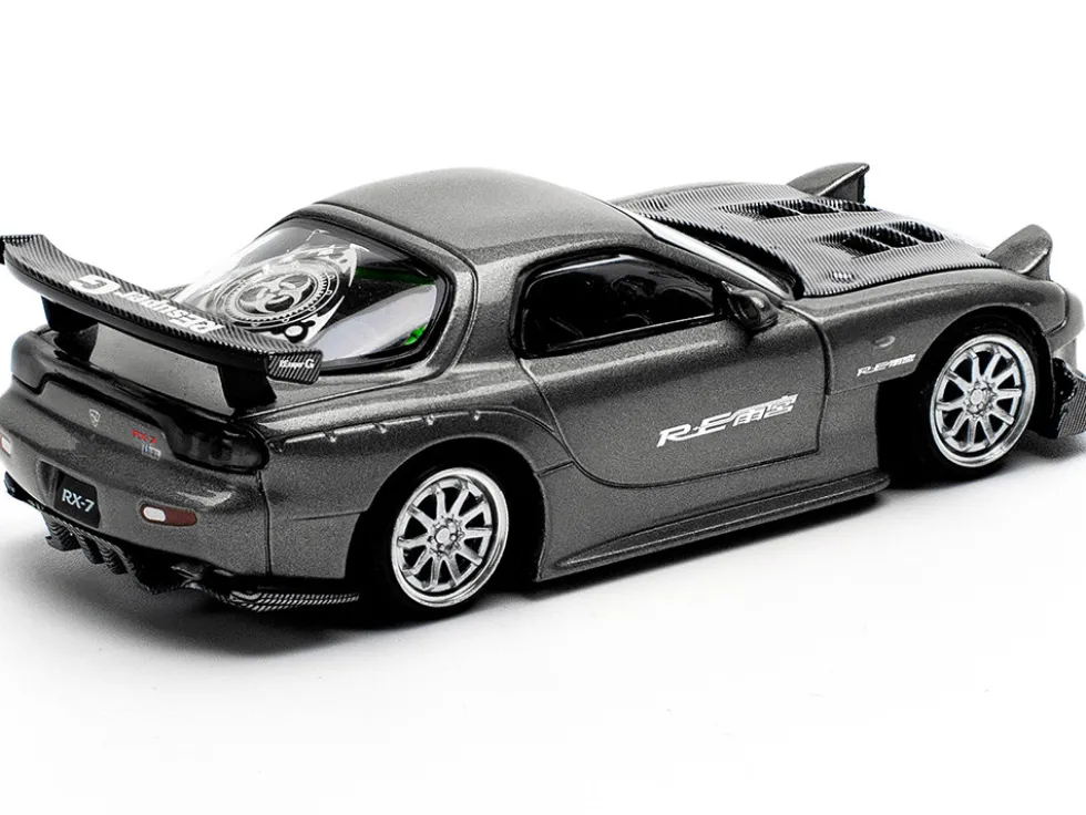 Mazda RX7 (FD) "RE Amemiya" Widebody RHD (Right Hand Drive) Gunmetal Gray Metallic with Carbon Hood 1/64 Diecast Model Car by Pop Race