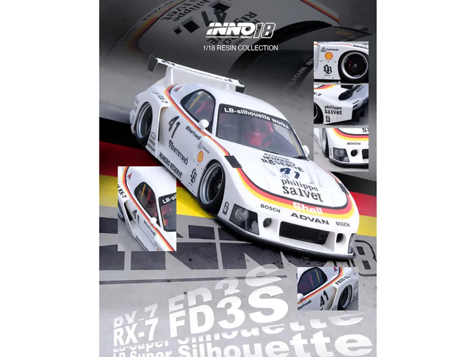 Mazda RX7 (FD3S) LB-Super Silhouette RHD (Right Hand Drive) #41 White with Stripes and Graphics 1/18 Model Car by Inno Models