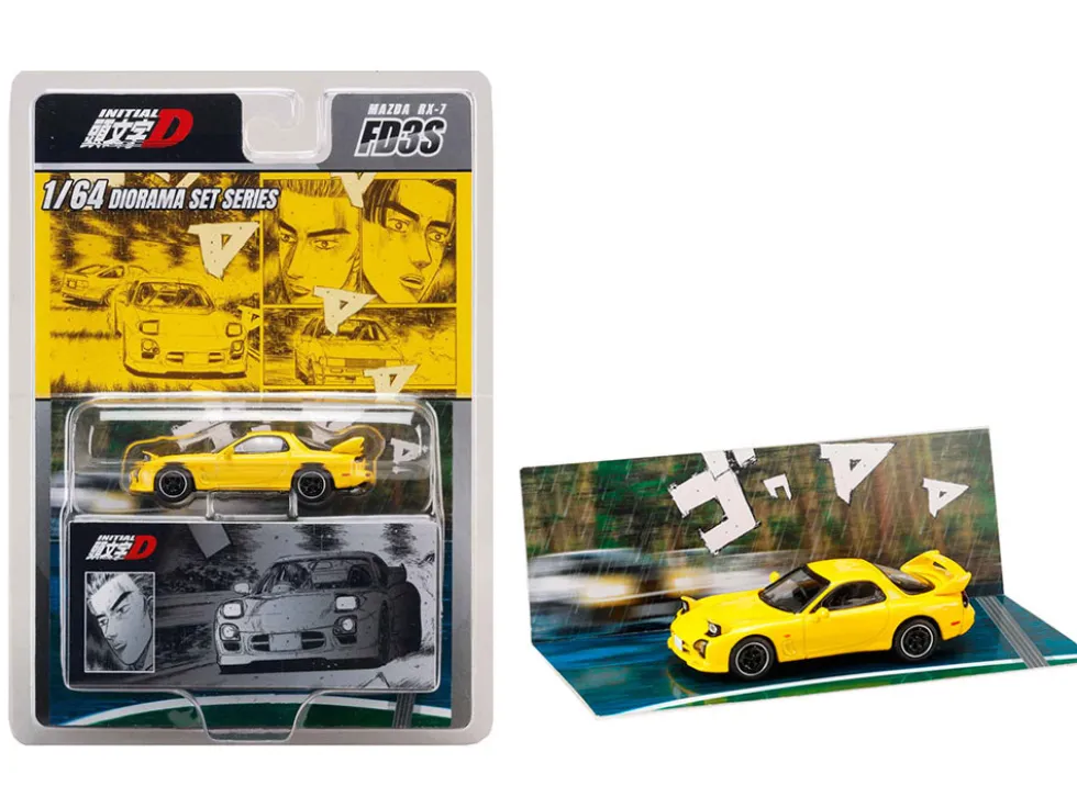 Mazda RX-7 (FD3S) RHD (Right Hand Drive) Yellow "Initial D" (1995-2013) Manga "Diorama Set Series" 1/64 Diecast Model Car by Hobby Japan
