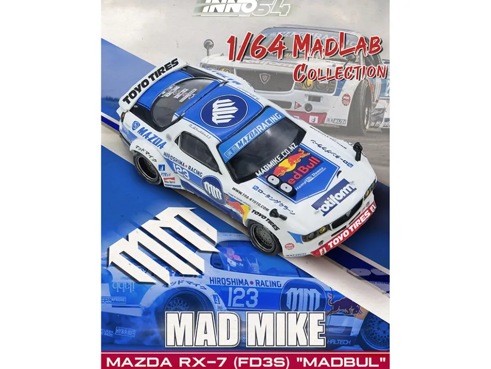 Mazda RX-7 (FD3S) RHD (Right Hand Drive) #123 "Pandem Rocket Bunny MADBUL Gen 7.3" White and Blue with Graphics "MadLab Collection 01" 1/64 Diecast Model Car by Inno Models