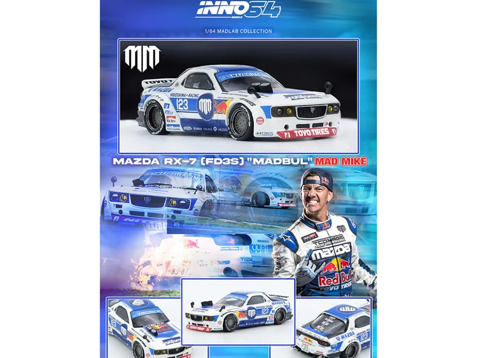 Mazda RX-7 (FD3S) RHD (Right Hand Drive) #123 "Pandem Rocket Bunny MADBUL Gen 7.3" White and Blue with Graphics "MadLab Collection 01" 1/64 Diecast Model Car by Inno Models