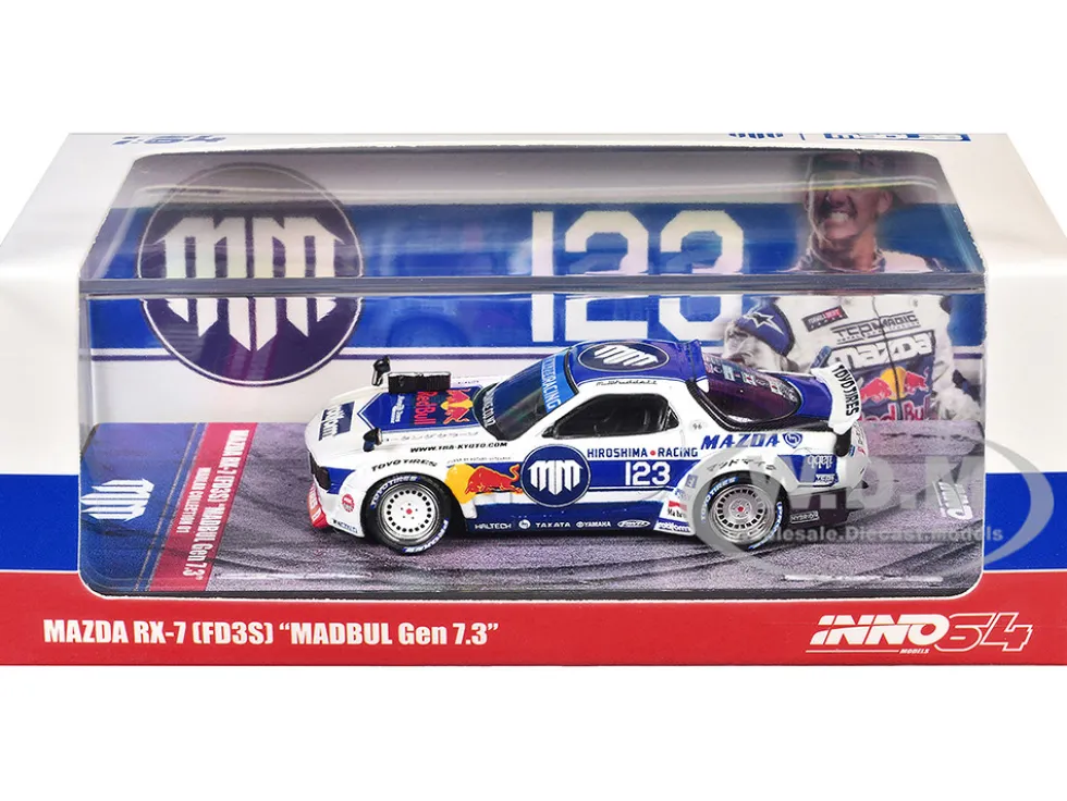 Mazda RX-7 (FD3S) RHD (Right Hand Drive) #123 "Pandem Rocket Bunny MADBUL Gen 7.3" White and Blue with Graphics "MadLab Collection 01" 1/64 Diecast Model Car by Inno Models