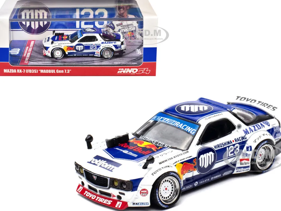 Mazda RX-7 (FD3S) RHD (Right Hand Drive) #123 "Pandem Rocket Bunny MADBUL Gen 7.3" White and Blue with Graphics "MadLab Collection 01" 1/64 Diecast Model Car by Inno Models