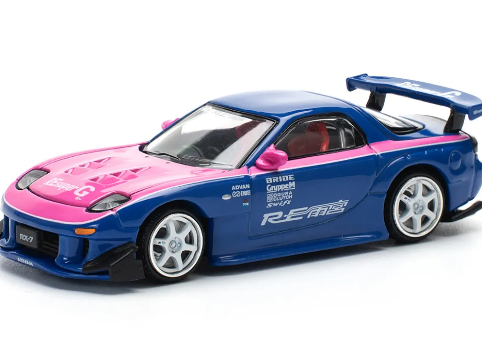 Mazda RX-7 RE-Amemiya Widebody RHD (Right Hand Drive) Blue with Pink Hood and Stripes 1/64 Diecast Model Car by Pop Race
