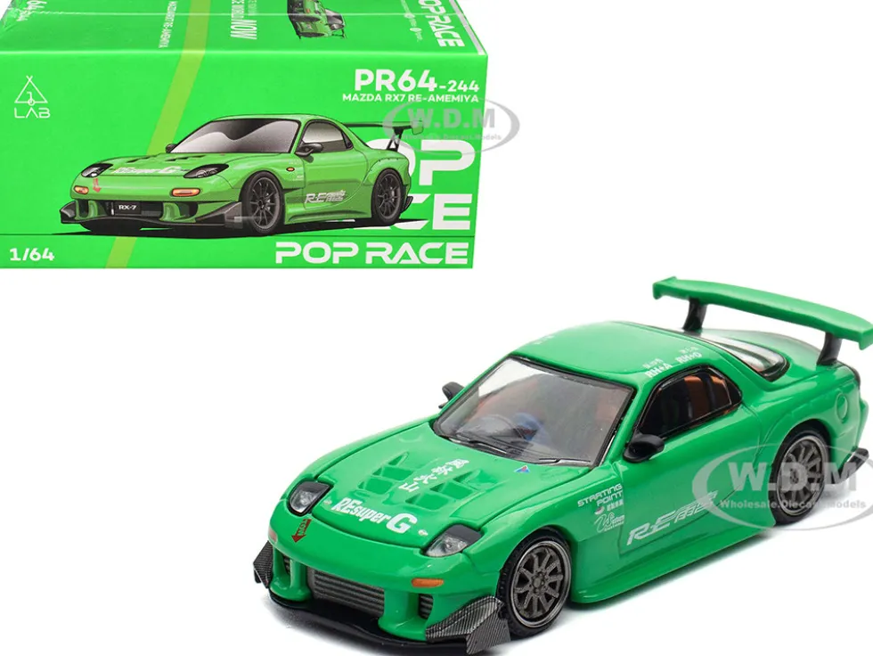Mazda RX7 "RE Amemiya" Widebody RHD (Right Hand Drive) Green 1/64 Diecast Model Car by Pop Race