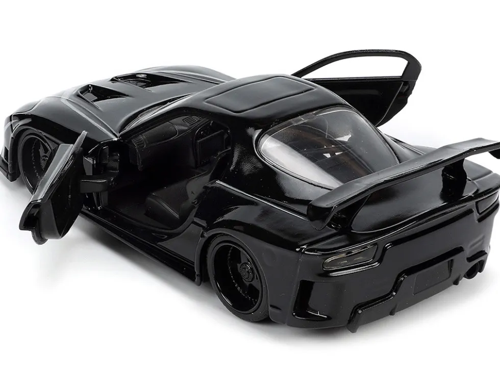 1995 Mazda RX 7 RHD Right Hand Drive Black and Black Panther Diecast Figure The Avengers Hollywood Rides Series 1/32 Diecast Model Car Jada 33078