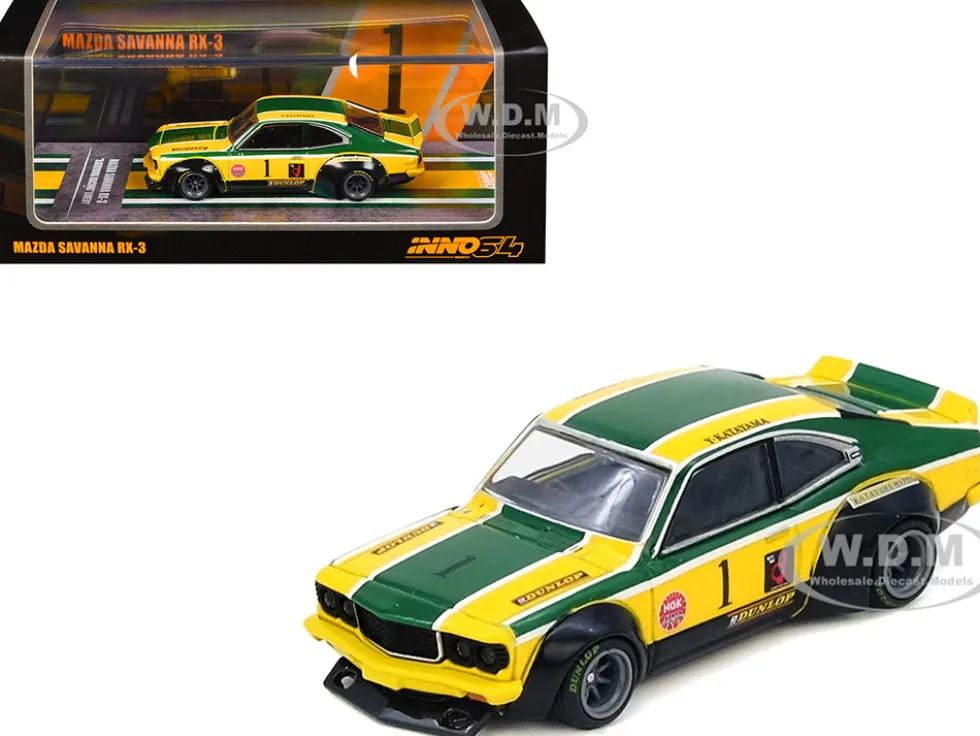 Mazda RX-3 Savanna RHD (Right Hand Drive) #1 "Katayama Racing Livery" Green and Yellow Striped 1/64 Diecast Model Car by Inno Models