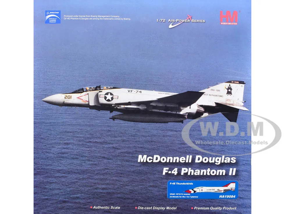 McDonnell Douglas F-4E Phantom II Fighter-Bomber Aircraft "Thunderbirds, with Decals for No.1 to 7 planes, 1973/74 Season" United States Air Force "Air Power Series" 1/72 Diecast Model by Hobby Master
