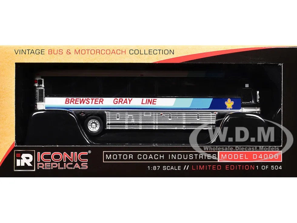 2001 MCI D4000 Coach Bus "Brewster Gray Line" White with Blue Stripes "Vintage Bus & Motorcoach Collection" Limited Edition to 504 pieces Worldwide 1/87 (HO) Diecast Model by Iconic Replicas