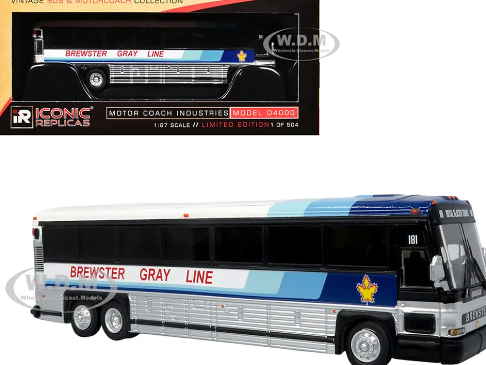 2001 MCI D4000 Coach Bus "Brewster Gray Line" White with Blue Stripes "Vintage Bus & Motorcoach Collection" Limited Edition to 504 pieces Worldwide 1/87 (HO) Diecast Model by Iconic Replicas
