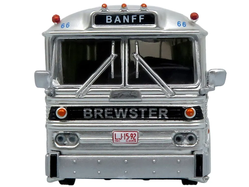 1964 MCI MC-5A Coach Bus "Brewster Gray Line" Silver with Blue and Red Stripes "Vintage Bus & Motorcoach Collection" Limited Edition to 504 pieces Worldwide 1/87 (HO) Diecast Model by Iconic Replicas