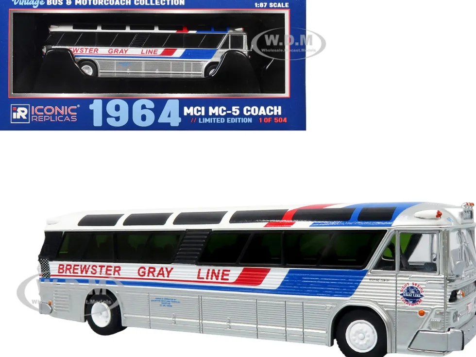 1964 MCI MC-5A Coach Bus "Brewster Gray Line" Silver with Blue and Red Stripes "Vintage Bus & Motorcoach Collection" Limited Edition to 504 pieces Worldwide 1/87 (HO) Diecast Model by Iconic Replicas