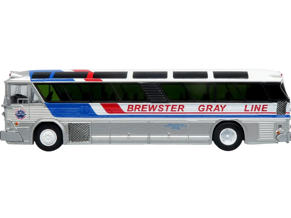 1964 MCI MC-5A Coach Bus "Brewster Gray Line" Silver with Blue and Red Stripes "Vintage Bus & Motorcoach Collection" Limited Edition to 504 pieces Worldwide 1/87 (HO) Diecast Model by Iconic Replicas