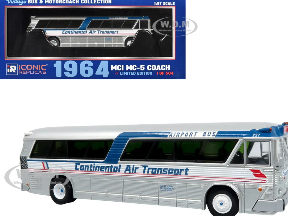 1964 MCI MC-5A Coach Bus "Continental Air Transport" Silver with Blue Stripes "Vintage Bus & Motorcoach Collection" Limited Edition to 504 pieces Worldwide 1/87 (HO) Diecast Model by Iconic Replicas