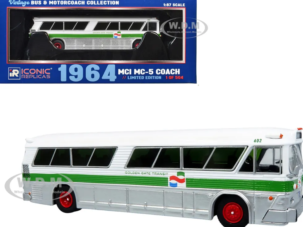 1964 MCI MC-5A Coach Bus "Golden Gate Transit" White with Green Stripes "Vintage Bus & Motorcoach Collection" Limited Edition to 504 pieces Worldwide 1/87 (HO) Diecast Model by Iconic Replicas