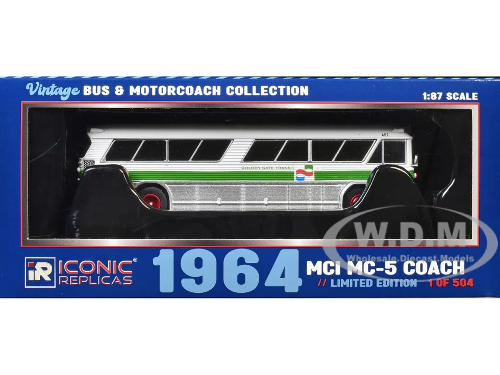 1964 MCI MC-5A Coach Bus "Golden Gate Transit" White with Green Stripes "Vintage Bus & Motorcoach Collection" Limited Edition to 504 pieces Worldwide 1/87 (HO) Diecast Model by Iconic Replicas