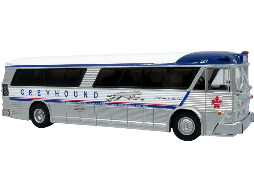 1964 MCI MC-5A Coach Bus "Greyhound Canada" White with Blue Stripes "Vintage Bus & Motorcoach Collection" Limited Edition to 504 pieces Worldwide 1/87 (HO) Diecast Model by Iconic Replicas
