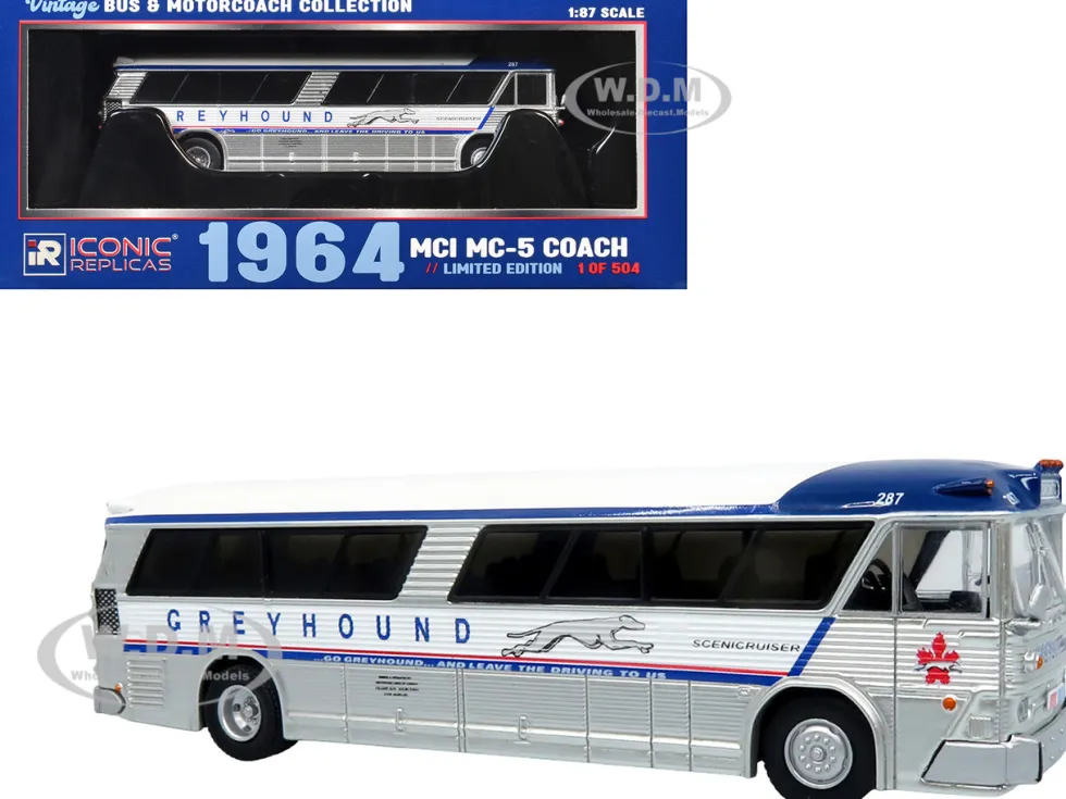 1964 MCI MC-5A Coach Bus "Greyhound Canada" White with Blue Stripes "Vintage Bus & Motorcoach Collection" Limited Edition to 504 pieces Worldwide 1/87 (HO) Diecast Model by Iconic Replicas