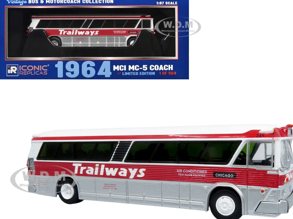 1964 MCI MC-5A Coach Bus "Trailways Chicago" White with Red Stripes "Vintage Bus & Motorcoach Collection" Limited Edition to 504 pieces Worldwide 1/87 (HO) Diecast Model by Iconic Replicas