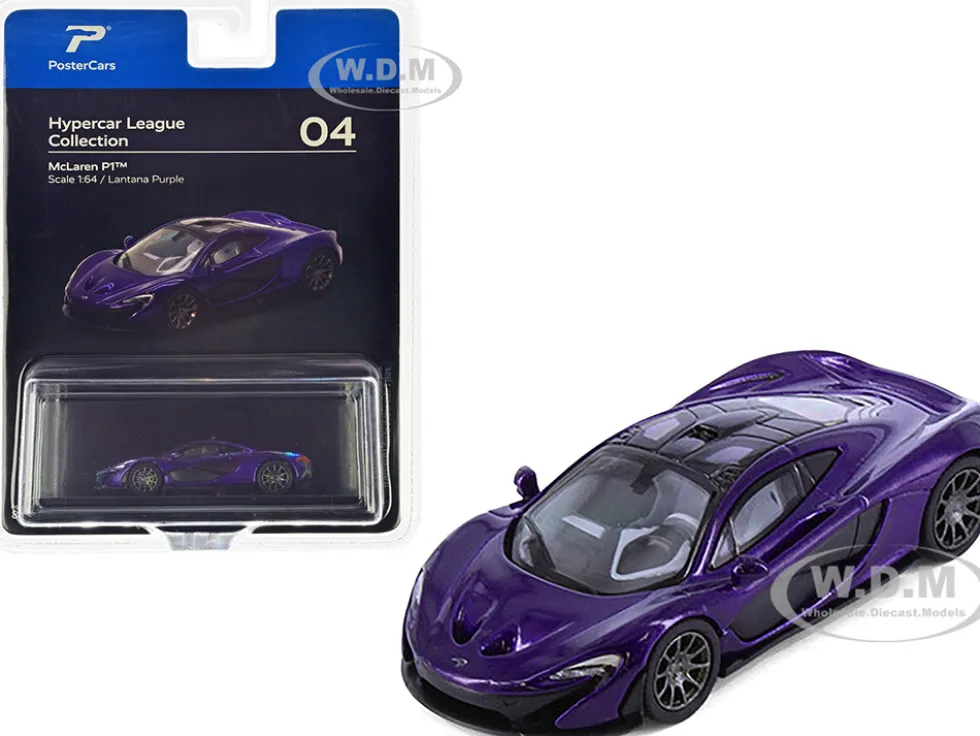 McLaren P1 Lantana Purple Metallic with Black Top Hypercar League Collection 1/64 Diecast Model Car PosterCars H04B
