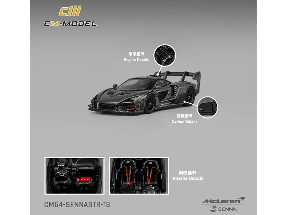 McLaren Senna GTR Dark Gray Metallic with Carbon Hood and Black Top 1/64 Diecast Model Car by CM Model