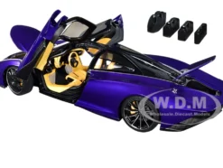 McLaren Speedtail Lantana Purple Metallic with Black Top and Yellow Interior and Suitcase Accessories 1/18 Model Car Autoart 76089