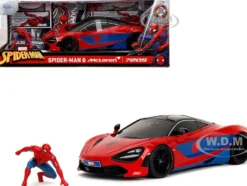 McLaren 720S Red and Blue with Black Top and Graphics and Spider-Man Diecast Figure 