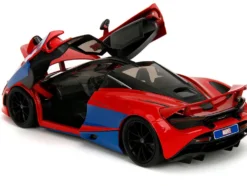 McLaren 720S Red and Blue with Black Top and Graphics and Spider-Man Diecast Figure 