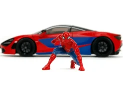 McLaren 720S Red and Blue with Black Top and Graphics and Spider-Man Diecast Figure 