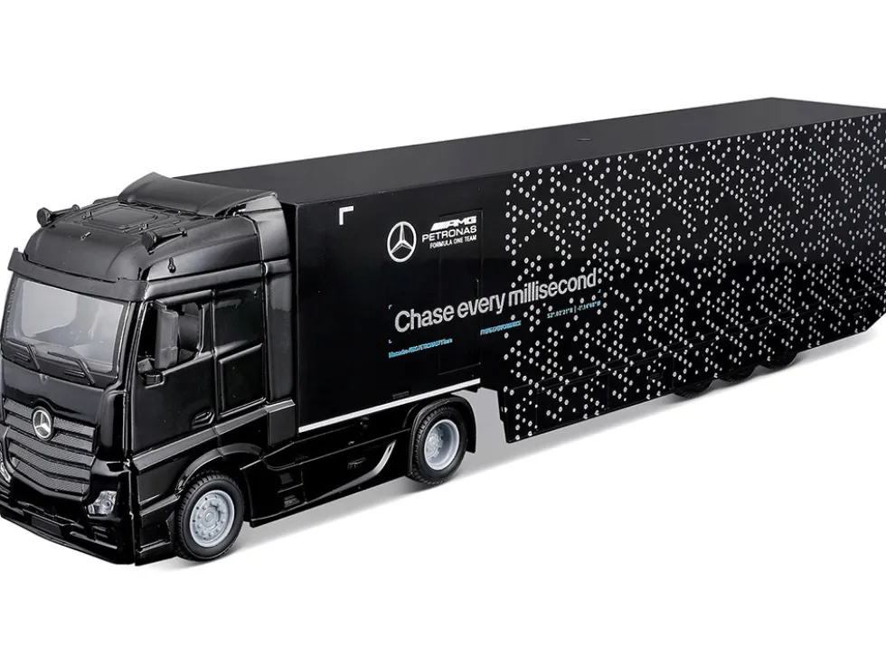 Mercedes-Benz Actros Gigaspace Car Transporter Black and Mercedes-AMG F1 W15 E Performance #63 George Russell "Petronas" Formula One F1 World Championship (2024) "Racing Hauler" Series 1/43 Diecast Model Car by Bburago