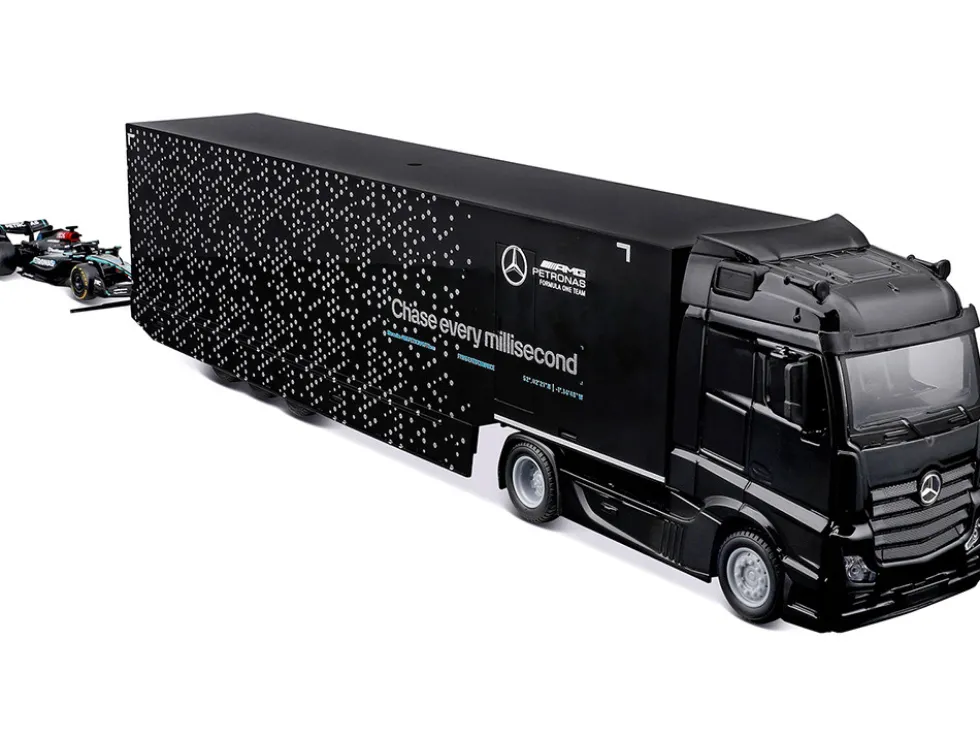 Mercedes-Benz Actros Gigaspace Car Transporter Black and Mercedes-AMG F1 W15 E Performance #63 George Russell "Petronas" Formula One F1 World Championship (2024) "Racing Hauler" Series 1/43 Diecast Model Car by Bburago