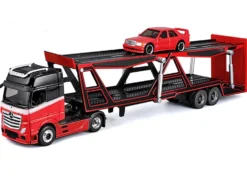 Mercedes-Benz Actros Open Car Hauler Red and Black with White Stripes and 1990 Mercedes-Benz 190E Red