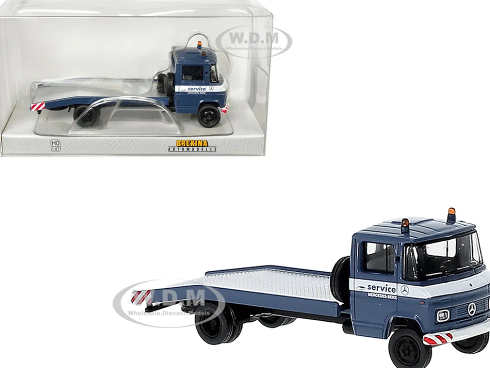 1968 Mercedes-Benz L 608 D Flatbed Truck Blue with White Stripes "Mercedes-Benz Service" 1/87 (HO) Scale Model Car by Brekina