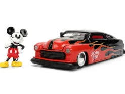 1951 Mercury Coupe Black with Flame Graphics and Red Interior and Mickey Mouse Diecast Figure 