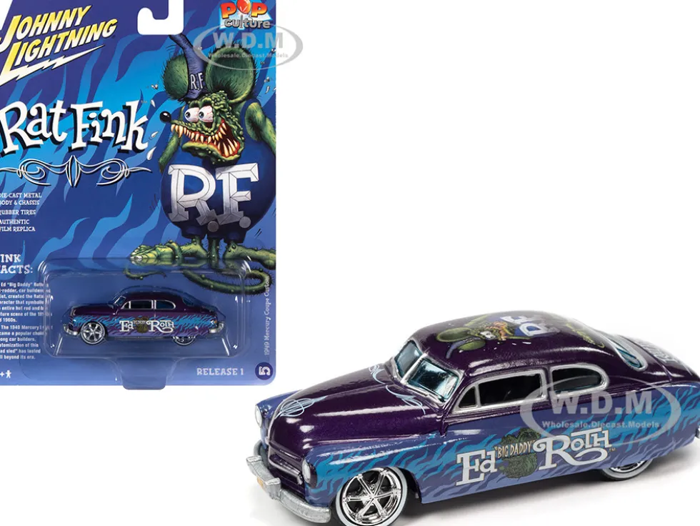 1949 Mercury Coupe Custom Purple Metallic with Graphics Rat Fink Pop Culture 2022 Release 1 1/64 Diecast Model Car Johnny Lightning JLPC006-JLSP238