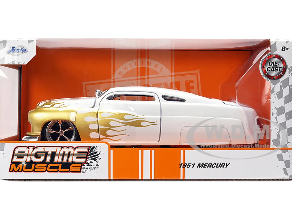 1951 Mercury Coupe White with Gold Flames "Bigtime Muscle" Series 1/24 Diecast Model Car by Jada