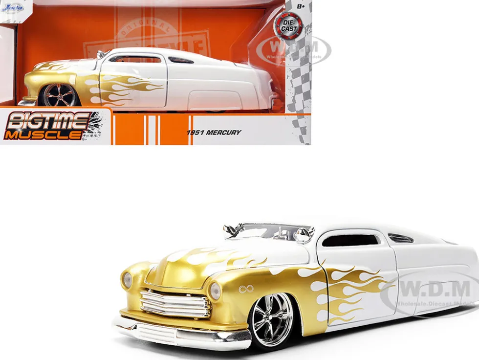 1951 Mercury Coupe White with Gold Flames "Bigtime Muscle" Series 1/24 Diecast Model Car by Jada