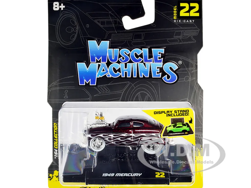 1949 Mercury Custom Coupe Dark Red Metallic Flames 1/64 Diecast Model Car Muscle Machines 15562