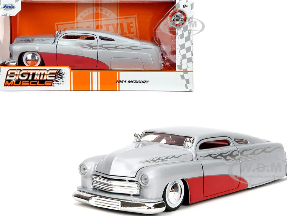1951 Mercury Silver Metallic and Red with Flame Graphics and Red Interior "Bigtime Muscle" Series 1/24 Diecast Model Car by Jada
