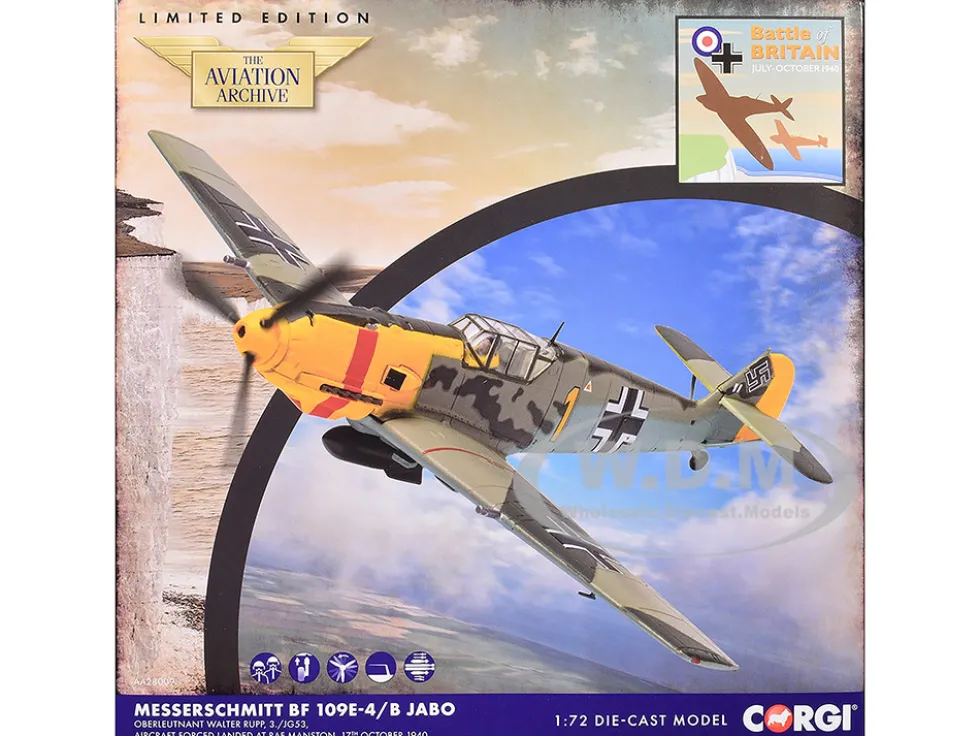 Messerschmitt Bf 109E-4/B Jabo Fighter-Bomber Aircraft "Oberleutnant Walter Rupp, 3./JG53, RAF Manston, Battle of Britain" (1940) German Luftwaffe "The Aviation Archive" Series 1/72 Diecast Model by Corgi