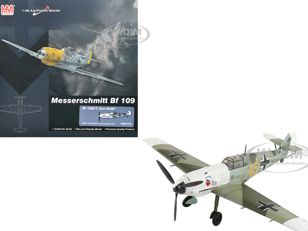 Messerschmitt Bf 109E-3 Fighter Aircraft "Yellow 15, Karl Wolff, III/JG 52, France" (1940) German Luftwaffe "Air Power Series" 1/48 Diecast Model by Hobby Master